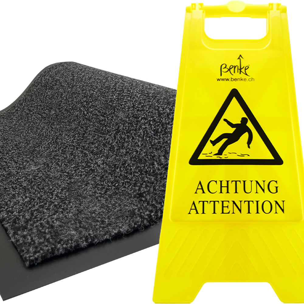 Schmutzfangmatte und Warnschild